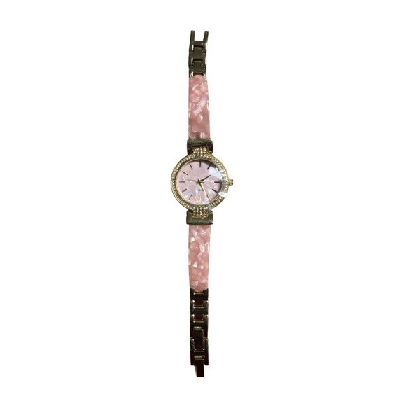 Pink Watch Accutime Marbleized Resin Gold Stainless Steel Diamonds - Picture 3 of 8